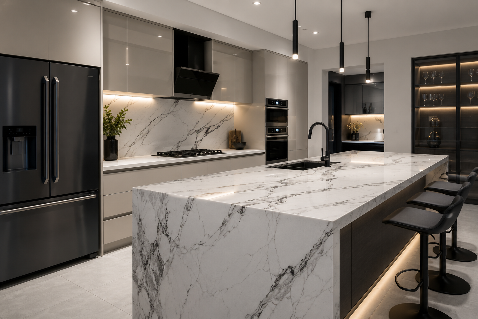 Quartzite countertops in Ohio with a waterfall kitchen island and modern stone surface